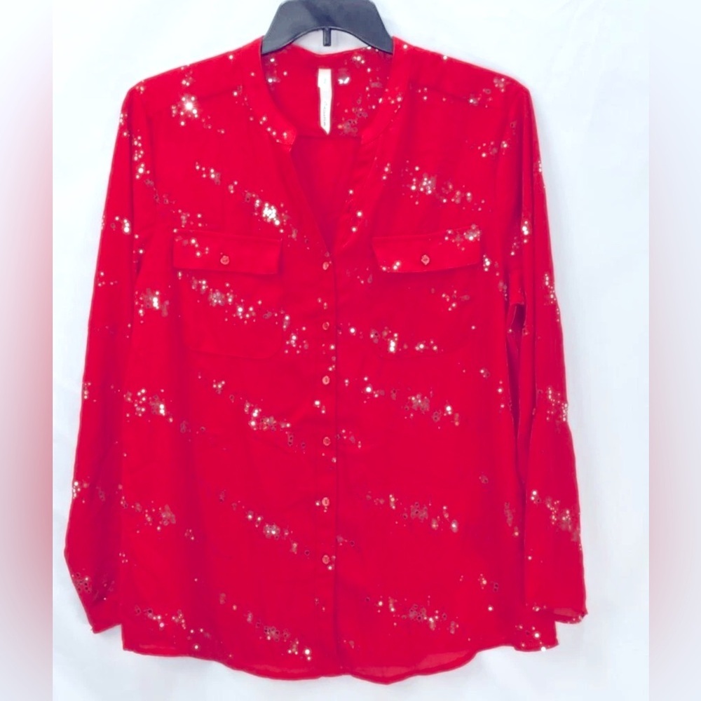 NY Collection Women's Petite size S Roll Tab Blouse Red Metallic Detail